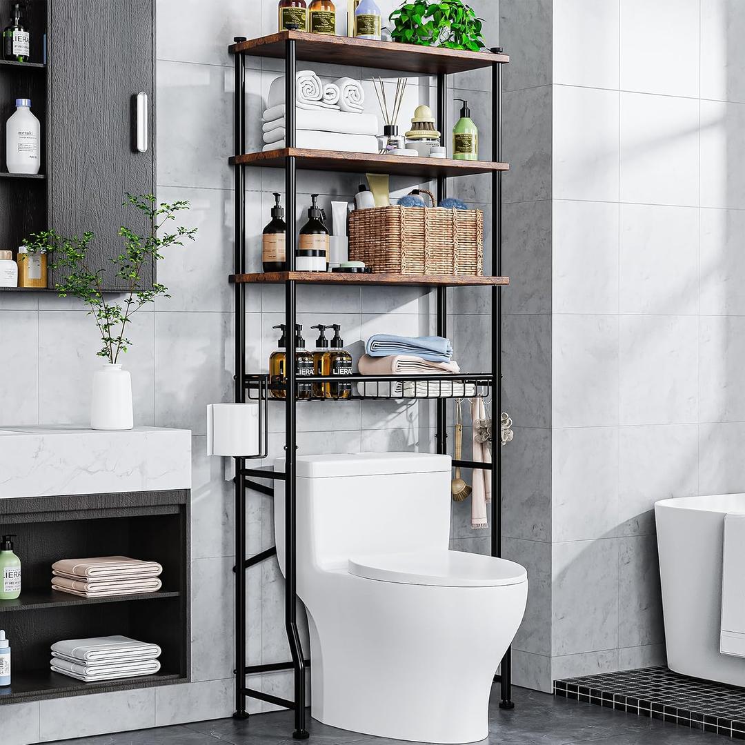 Over-The-Toilet Storage Shelf,4-Tier Bathroom Organizer Cabinet Rack And Storage Over Toilet With Shelf Waterproof Feet Pad And Basket,Multifunctional Space Saver Freestanding Bathroom ShelvesBrown