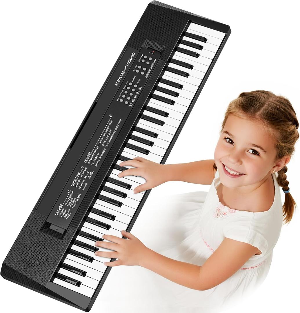 61 Keys Kids Piano Keyboard Toy with Mic  Portable Electronic Piano for 3 4 5 6 7 8 Girls Boys Beginners Birthday Xmas Gifts, Black