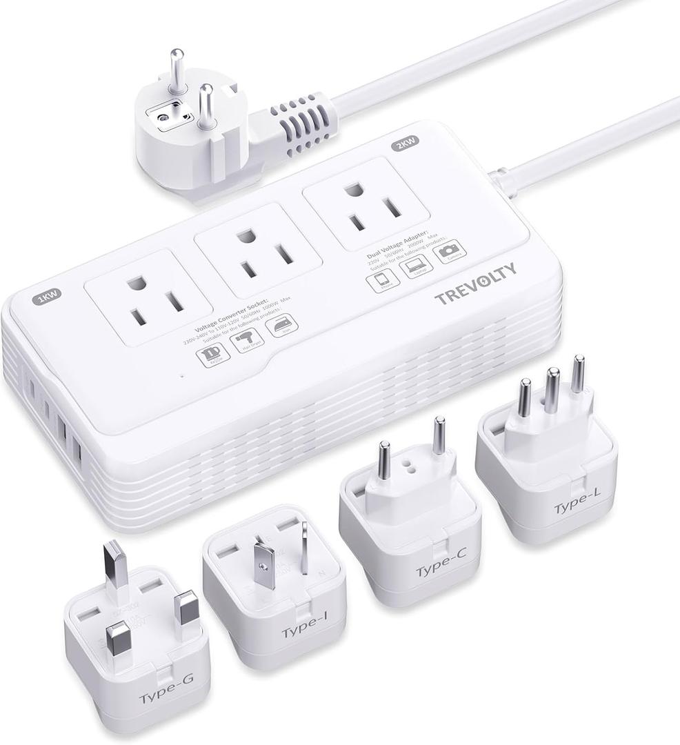 2000W Voltage Converter US to Europe, 220V to 110V Converter for European Travel, Power Adapter for Hair Dryer, European Travel Plug Adapter with 3 AC 2 USBC 2 USBA Ports (White)