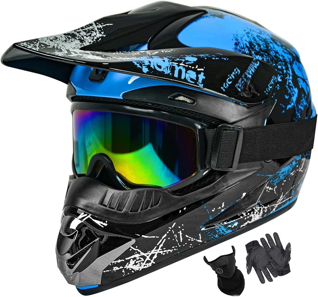 SanQing Dirt Bike Helmets Youth Motocross, Motorcycle, BMX, ATV, Off-Road, Kids Four Wheeler, Moutain Bike Helmets Dot Approved (Goggles Gloves Faceshield) (Blue, Small)