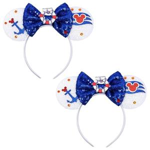 ETLUK 2PCS Cruise Mouse Ears Headband, Sparkly Sequin Ears with Anchor & Bow for Women & Girls, Sparkle Party Hair Accessories for Theme Park & Cosplay