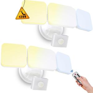 EMANER Outdoor Security Floodlight Waterproof, Remote Control, Motion Sensor or Stay On, Brightness Adjustable, Tunable White, 280W Equiv. 120V Motion Light for Yard Patio Porch (White, 2Pack)