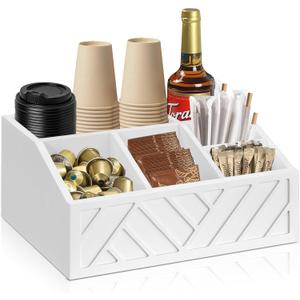 Wood Coffee Station Accessories - Coffee Bar Decor Organizer, Pod Syrup Holder, Condiment Organizer for Countertop (White)