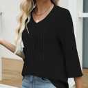 IEEILULU 3/4 Length Sleeve Womens Tops V Neck T Shirts Casual Pleated Tunic for Women Fashion Loose Blouses (Black, L)