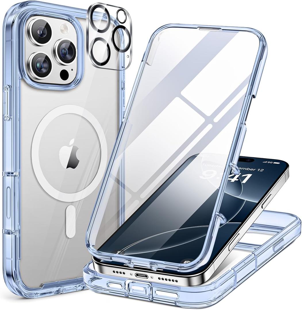 Miracase Magnetic for iPhone 16 Pro Case Full-Body Phone with Built-in Glass Screen Protector, [Compatible with MagSafe] Military Drop Proof 16 Pro Cover Bumper 6.3 inch, Clear Blue