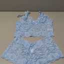 Lilosy Sexy Women Floral Lace Pajamas Lingerie Set High Waist Sheer Sleepwear See Through Nightwear Bow Ties Cami Shorts Bra and Panty 2 Piece Light Blue, Medium