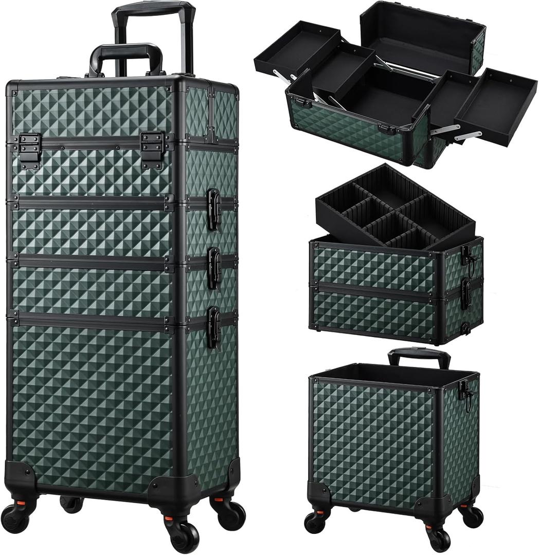 Stagiant Rolling Makeup Train Case Cosmetology Case on Wheels 4 in 1 Cosmetic Box Makeup Travel Case with Key Swivel Wheels Nail Artist Salon Barber StorageTraveling Cart Trunk Dark Green