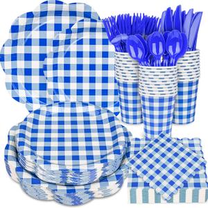 175 Pcs Blue Gingham Plates and Napkins Party Supplies-Dark Blue and White Scalloped Paper Plates Disposable Plaid Cocktail Napkin Checkered Dinner Party Set for Wedding Baby ShowerServe 25 Guest