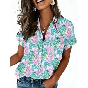 Zeagoo Womens Button Down Shirt Short Sleeve Blouse V Neck Dressy Casual Business Work Tops with Pocket, M