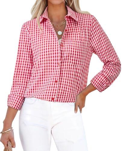 siliteelon Button Down Shirts for Women Gingham Top Plaid Long Sleeve Dress Shirts Cotton Fitted Casual Work Collared Blouse, M