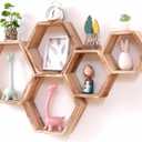 WONFUlity Hexagon Floating Shelves Honeycomb Shelves Wall Mounted Wood Farmhouse Storage Wall Shelf for Bathroom, Kitchen, Bedroom, Living Room,Driftwood Finish Decor,Light Brwon
