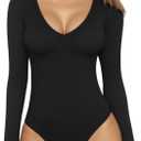MANGOPOP Women's Long Sleeve Short Sleeve Bodysuit Sexy V Neck Body Suits Fitted Fall Going Out Tops (Medium)