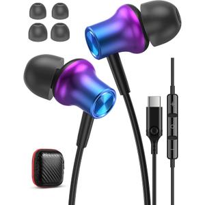 iMangoo Wired USBC Headphones Ergonomic in Ear Buds for iPhone 17 Air 16 16e 15 for iPad Pixel 10 9 9a Galaxy S25 S24 Ultra USB C Type Earbuds Earphones with Microphone for Laptop Office Work Purple