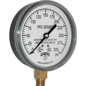 Winters PFE Series Single Scale Sprinkler Pressure Gauge, 3-1/2" Dial, 0-300 psi Range, +/-3-2-3% Accuracy, 1/4" Male NPT Bottom Connection, For Water Media