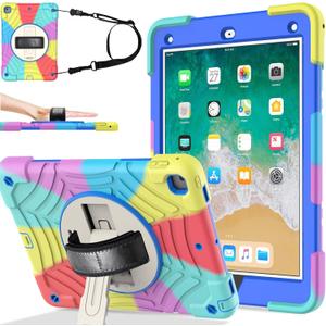BMOUO Case for iPad 6th/5th Generation/Air 2, for iPad 9.7 Case 2018/2017 with Screen Protector, 360 Rotating Stand & Hand & Shoulder Strap Kids Case for iPad 6th/5th Gen/Air 2, Rainbow