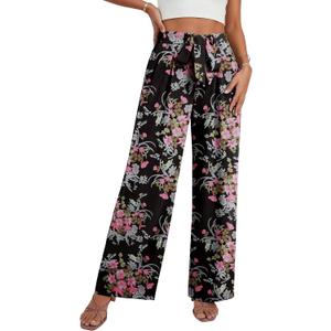 Lepunuo Women's High Waisted Wide Leg Flowy Pants Casual Palazzo Pants Work Adjustable Tie Knot Pants with Pockets (Black, XS)
