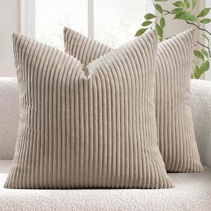 MIULEE Pack of 2 Corduroy Soft Soild Decorative Square Throw Pillow Covers Cushion Cases Pillowcases for Sofa Bedroom Car 16 x 16 Inch Light Brown