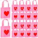 PerKoop 100 Pcs Reusable Valentines Gift Bags Heart Themed Goodie Candy Bags with Handles Non Woven Snack Wrapping for Business Shopping Retail Holiday Wedding Party Gift Supply Favor (Pink)