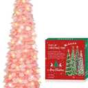 HMASYO 5 FT Pop Up Christmas Tree with Timer Lights, Pink Christmas Tinsel Tree, Collapsible Artificial Pencil Christmas Tree for Indoor Home Apartment Porch Holiday Party Decorations