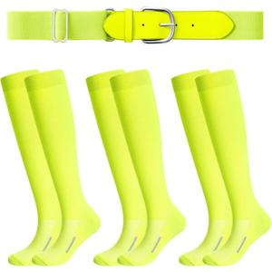 Haysandy Baseball or Softball Sock and Belt Combo Set 3 Football Baseball Socks with Softball Belt for Youth Boys Kids, Neon Yellow, Large