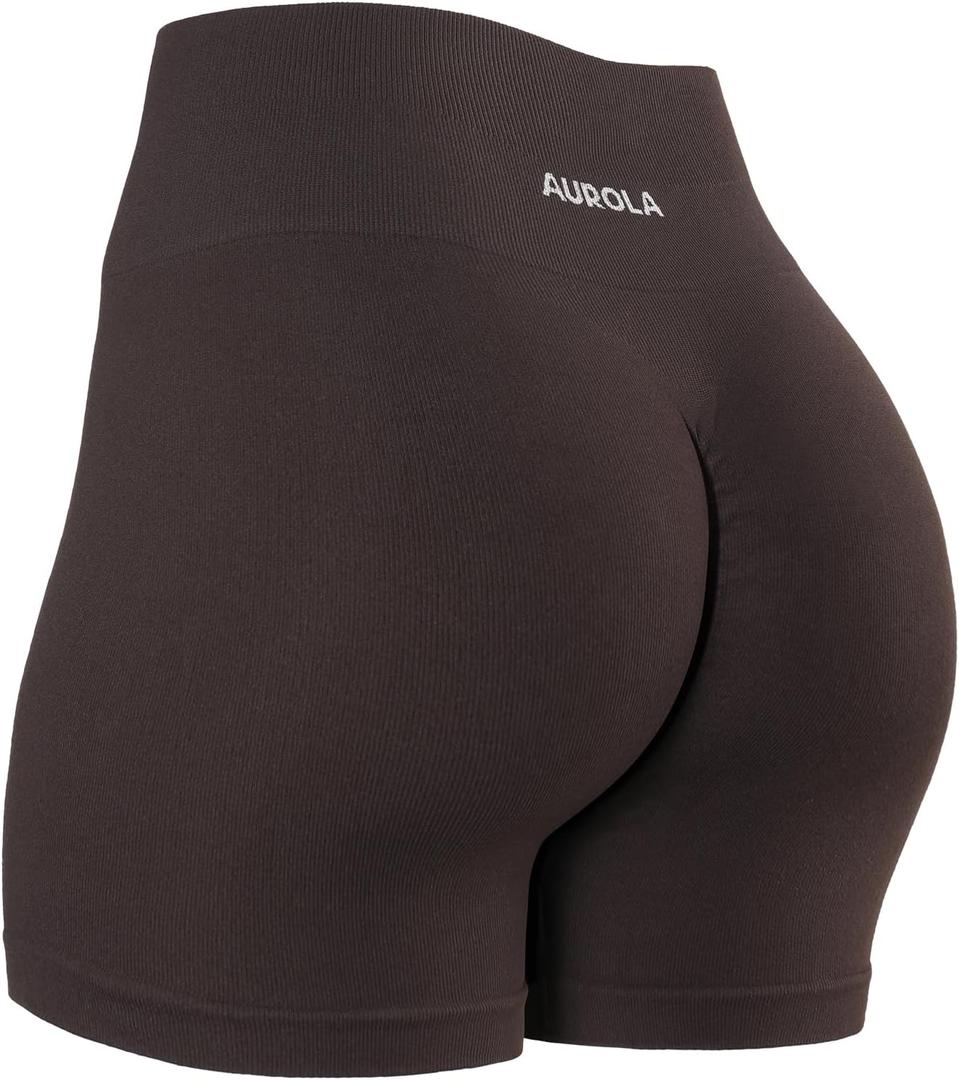 AUROLA Power Workout Shorts for Women Tummy Control Squat Proof Ribbed Thick Seamless Scrunch Active Short (Brown, M)