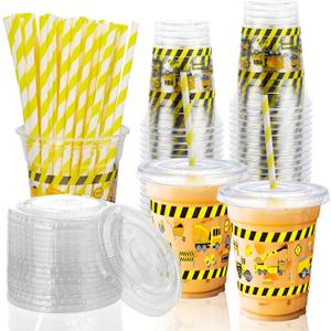 50 Pcs Construction Truck Plastic Cups with Lids and Straws,12 oz Construction Reusable Cups Disposable Cups for Party Drinking,Plastic Tumbler for Birthday Party Construction Theme Party