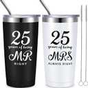 Cunhill 2 Pcs Mr. Right Mrs. Always Right Travel Tumbler Set 20 oz Wedding Engagement Anniversary Travel Mug for Husband Wife Newlywed Couples Bride Groom Anniversary(25th Tumbler)
