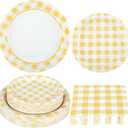 150Pcs Yellow Gingham Party Supplies Gingham Paper Plates and Napkins Checkered Plates Disposable Yellow and White Plaid Party Decor for Birthday Family Picnic BBQ,Serves 50 Guests