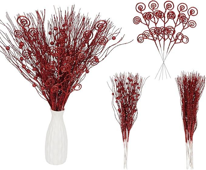 ICBOX 20PCS Glitter Artificial Curly Berry Stems Ornaments Fake Christmas Candy Picks Decorative Glitter Sticks Branches Combo Set for Xmas Tree Wreath Crafts Vase Filler Home Decor (Red)