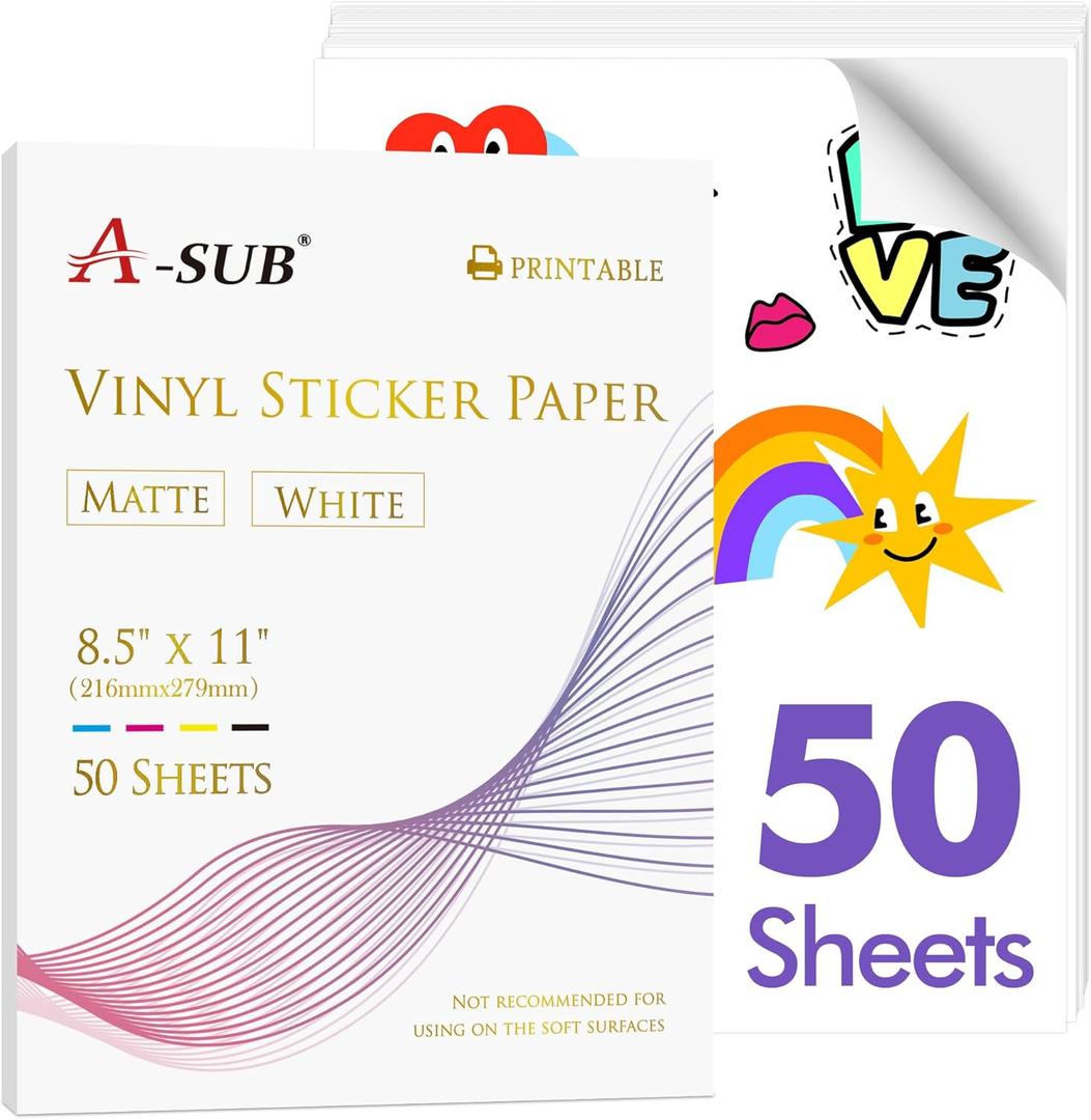 A-SUB Premium Printable Vinyl Sticker Paper for Inkjet Printers, 50 Sheets Matte White Waterproof Sticker Paper 8.5x11 Inch for Making Your Own Stickers at Home