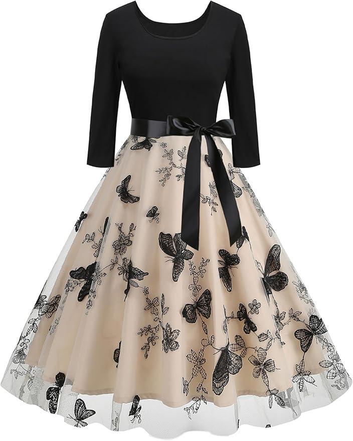 Women's Vintage Floral Dress 3/4 Sleeve Fall Dresses with Belt A-Line Cocktail Wedding Guest Embroidered Tulle Dress, M