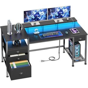 Furologee 60" Black Computer Desk with 4 Drawers and Printer Space, Gaming Desk with LED Lights and USB Power Outlets, Home Office Desk with Fabric File Cabinet,Study Work Table with Shelf for Bedroom