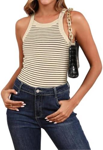 Nfsion Womens Summer Casual Cotton Striped Tank Tops Sleeveless Racerback Basic Ribbed Slim Fitted Gym Yoga Athletic Tee, XL