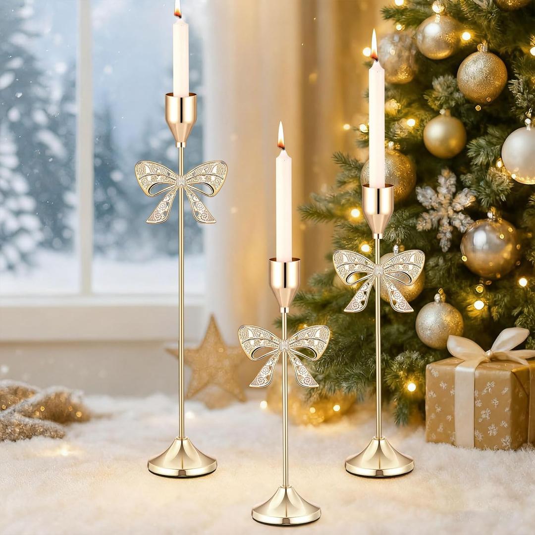 3 Pcs Christmas Bow Taper Candle Holders, 3 Size Gold Christmas Candlestick Holders, Xmas Candle Holder Vintage Decorative for Table Centerpiece Mantel Decor Holiday Housewarming Gifts