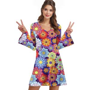 60s 70s Hippie Disco Dress Costume Women's Retro Disco Outfit Women Halloween Floral Dresses (L)