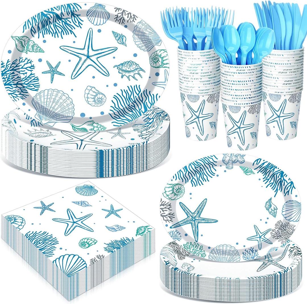Pajean 350 Pcs Ocean Seashell Party Decorations 12 in Summer Disposable Oval Plates and Napkins Blue Coral Heavy Duty Tableware Set for 50 Guests Last Toast on The Coast Birthday Party Supplies