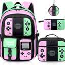 Gamer Backpack for Girls, 4pcs Gaming Girls Backpack with Lunch Box and Pencil Case for Kids, Video Gamer School Bags (Multicolor)