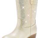 Motasha Rhinestone Sparkly Girls Cowgirl Cowboy Boots Little Kids Dress Boot Pointed Toes Low Heel Mid Calf Zipper Party Birthday Toddler to Big Kid, Size: 5 Big Kid
