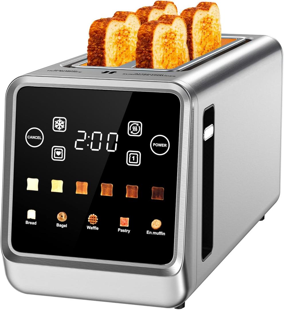 Toaster 4 Slice Long Slot with Digital Touchscreen & 1-Touch Memory for Family | Stainless Steel for Bagels & Artisan Bread | Defrost Reheat & Single-Slice Modes