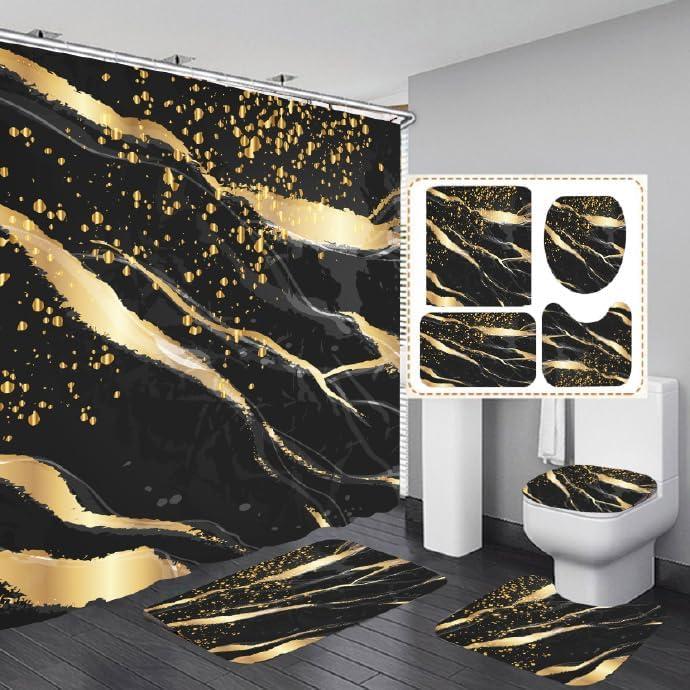 4Pcs Black Marble Shower Curtain Set, Gold Bathroom Sets Modern Abstract Shower Curtain Non-Slip Rug,Toilet Lid Cover,U Shape Mat,Waterproof Bathroom Decor Sets with 12 Hooks