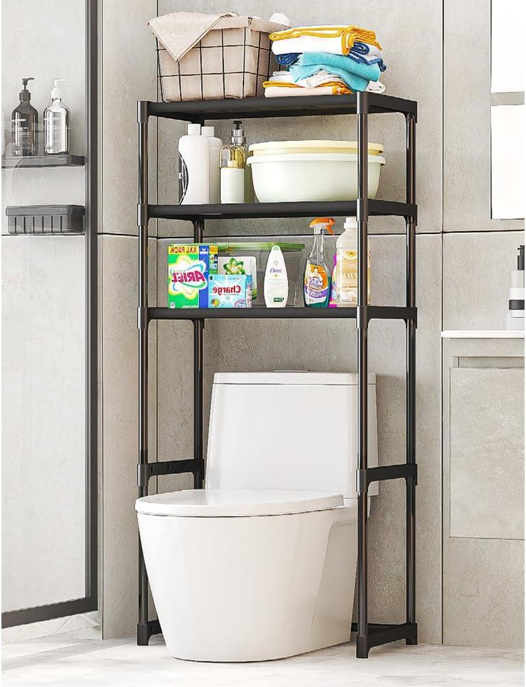 3-Tier Over The Toilet Rack, Metal Bathroom Shelves, Over The Toilet Storage, Freestanding Above Toilet Shelf for Bathroom, Laundry, Balcony, Space Saver, Black
