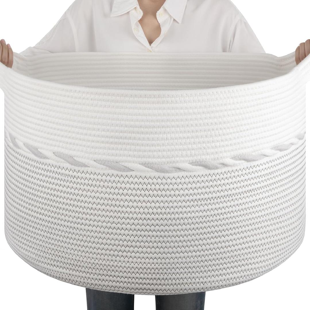 OIAHOMY 90L Blanket Basket for Living Room, Large Basket 23" x 23" x 13" with Handle, Laundry Hamper for Blankets, Pillows, Toy Storage for Kids, Dogs - Light Grey & White