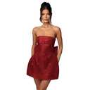 JUMISEE Embroidery Satin Homecoming Dress with Bow Modest Strapless Mini Dresses A Line Short Prom Dress Party Gown Red Small