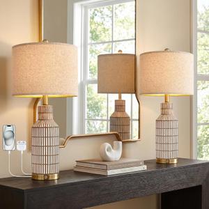 USumkky 25" Modern 3-Way Dimmable Touch Control with USB A+C Ceramic Lamps Set of 2 Table Lamp for Living Room Bedroom Farmhouse Nightstand Bedside Brown