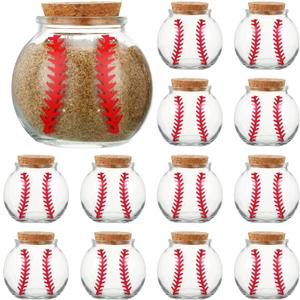 12 Pcs Baseball Printed Round Jar 3.4 oz Mini Round Shaped Glass Jar with Cork Lid 2.56 x 2.56 Inch Decorative Glass Bottle for Baseball Team Coach Player Sport Party Favors Gift Decoration