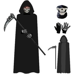 Grim Reaper Costume Set for Adult,Unisex Halloween Hooded Cape Cosplay Fancy Dress Cloak with & Scythe & Mask & Glove