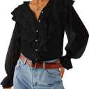 ZESICA Women's Long Sleeve Chiffon Dressy Casual Blouses Fall Button Down Ruffle Layered Boho Tops 2026 Trendy Clothes (Black, M)