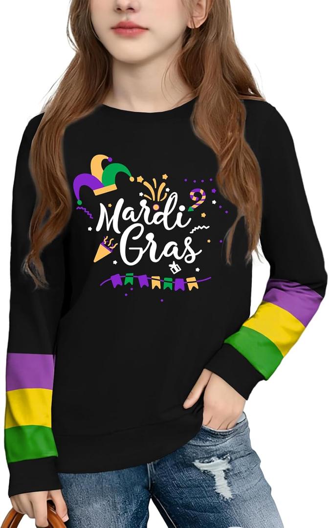 Mardi Shirts for Kids: Boys Girls Mardi Long Sleeve T-Shirt Fat Tuesday Carnival Outfits 5-14 Years