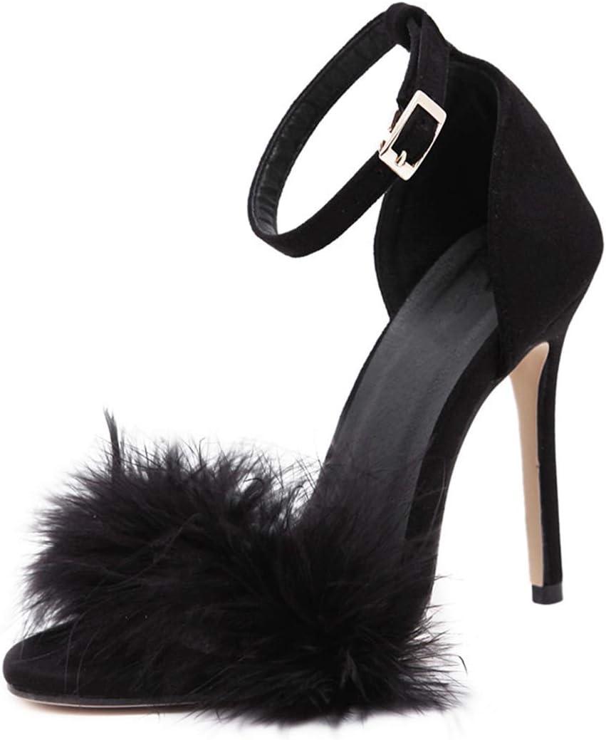 YIBLBOX Women's Feather Heels Open Toe Sandal Fluffy Fur High Heel Shoes Ankle Strap Stiletto Pump for Wedding Party Dance Evening (10, Black)
