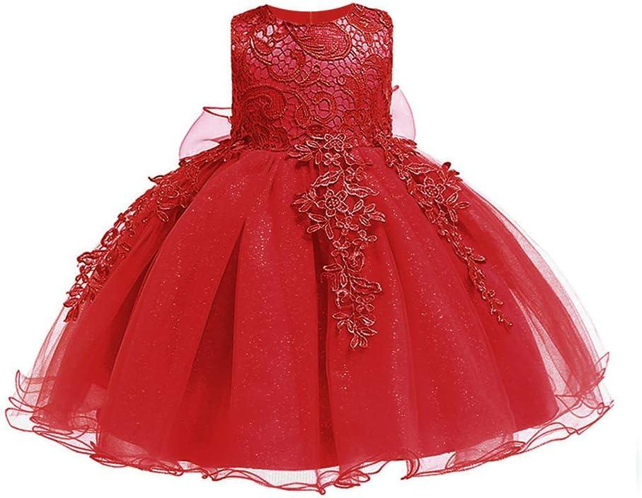 LZH Baby Girls Formal Dress Bowknot Birthday Wedding Party Flower Lace Dress
(5801-Red, 24M)